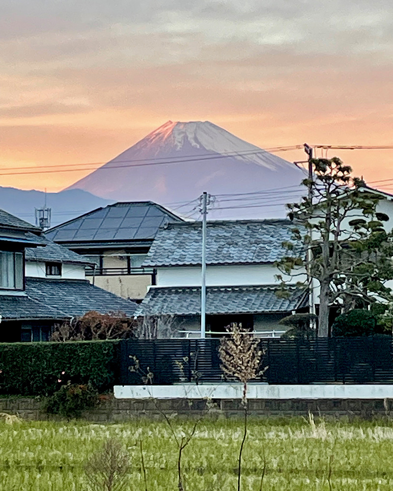 オレンジに染まる富士山の写真