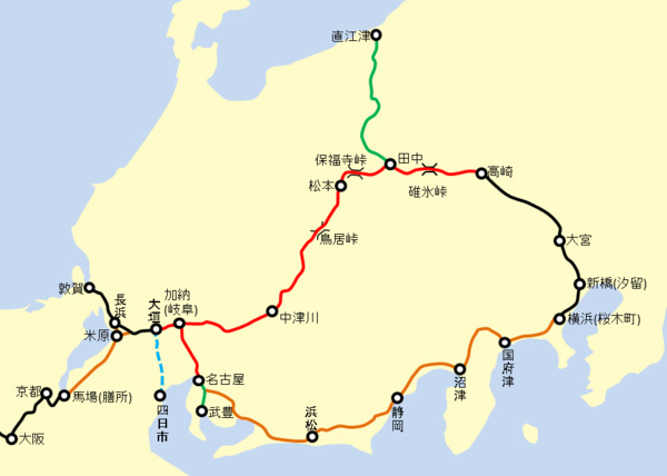 中山道幹線鉄道計画の路線構想図（出典：wikipedia）の写真